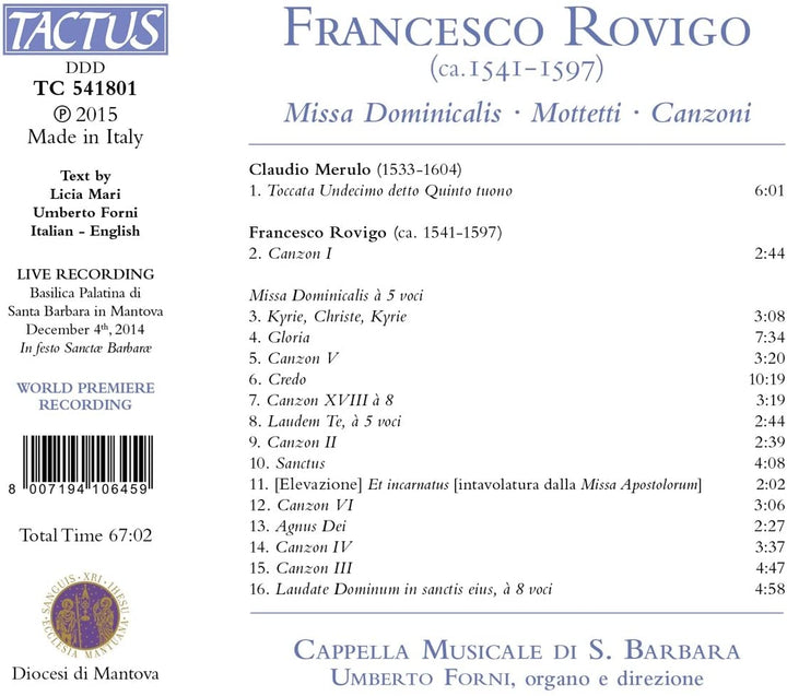 Cappella Musciale di S. Barbara - Rovigo:Missa Dominicalis [Cappella Musciale di S. Barbara, Umberto Forni] [TACTUS: TC 541801] [Audio CD]