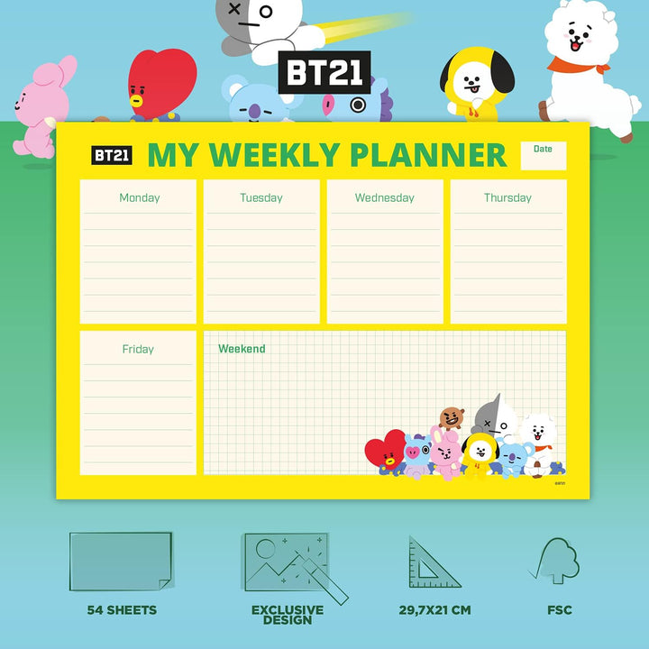 Grupo Erik BT21 Official Merchandise Weekly Planner A4 | BT21 Calendar | Family Calendar