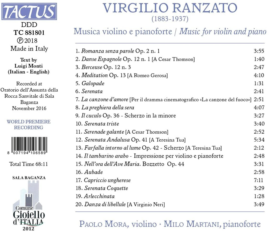 Paolo Mora - Ranzato: Music For Violin & Piano [Paolo Mora; Milo Martani] [Tactus: TC 881801] [Audio CD]