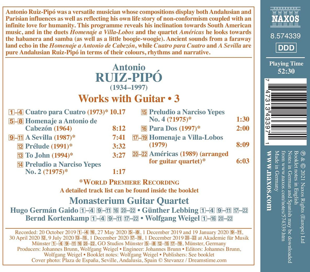 Ruiz-Pipo: Guitar Works 3 [Monasterium Guitar Quartet] [Naxos: 8574339] [Audio CD]