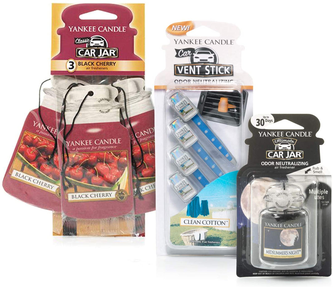 Yankee Candle Air Freshener Bundle with 3 (Black Cherry) 1 Ultimate Car Jar (Midsummer’s Night) and 4 Vent Sticks (Clean Cotton), Small