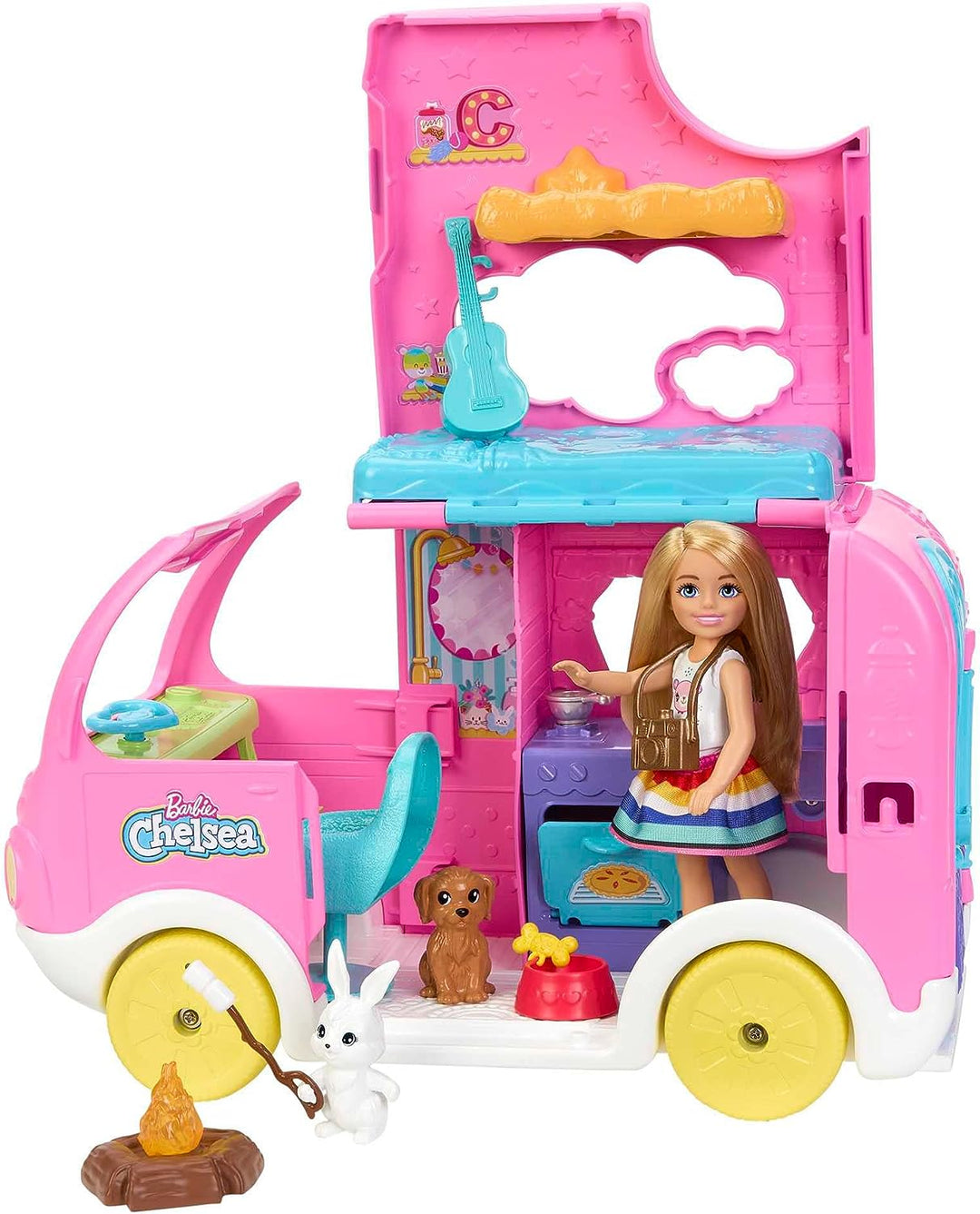 Barbie Camper, Chelsea 2-in-1-Spielset mit kleiner Puppe, 2 Haustieren und 15 Zubehörteilen,