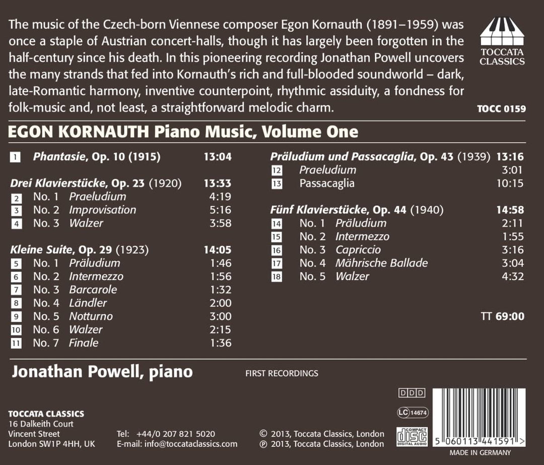 Kornauth: Piano Music Vol. 1 (Phantasie, Op.10) (Jonathan Powell ) (Toccata Classics: TOCC 0159) [Audio CD]