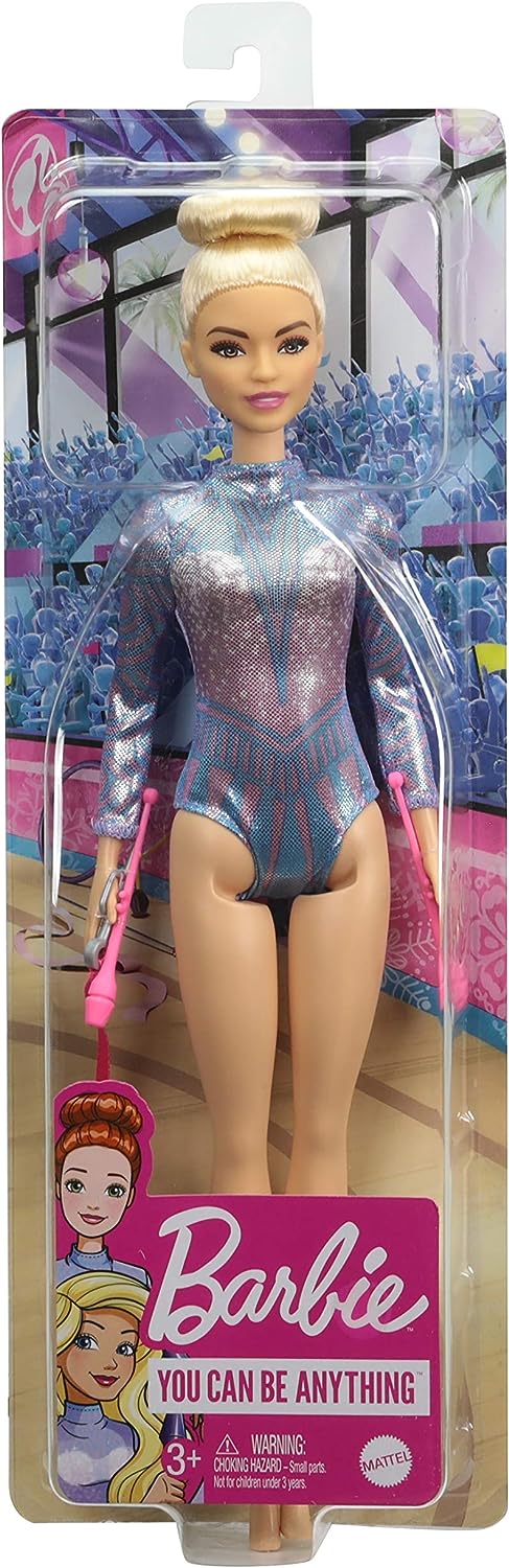 Barbie Rhythmic Gymnast Blonde Doll (12-in/30.40-cm) with Colorful Metallic Leotard, 2 Clubs & Ribbon Accessory, Great Gift for Ages 3 Years Old & Up