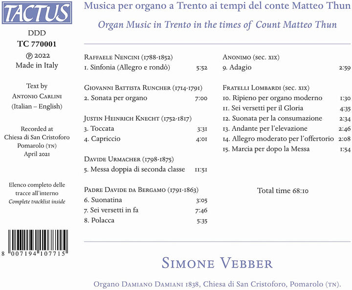 Organ Music In Trento [Simone Vebber] [Tactus: TC 770001] [Audio CD]