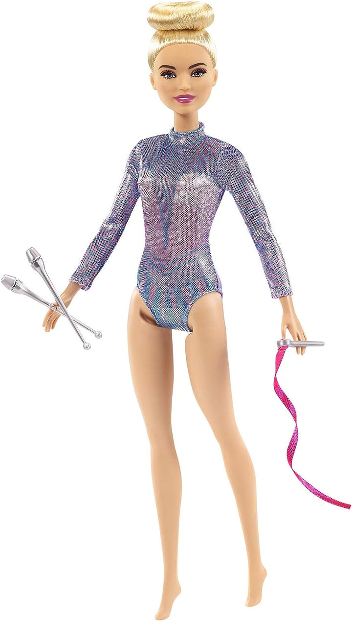 Barbie Rhythmic Gymnast Blonde Doll (12-in/30.40-cm) with Colorful Metallic Leotard, 2 Clubs & Ribbon Accessory, Great Gift for Ages 3 Years Old & Up