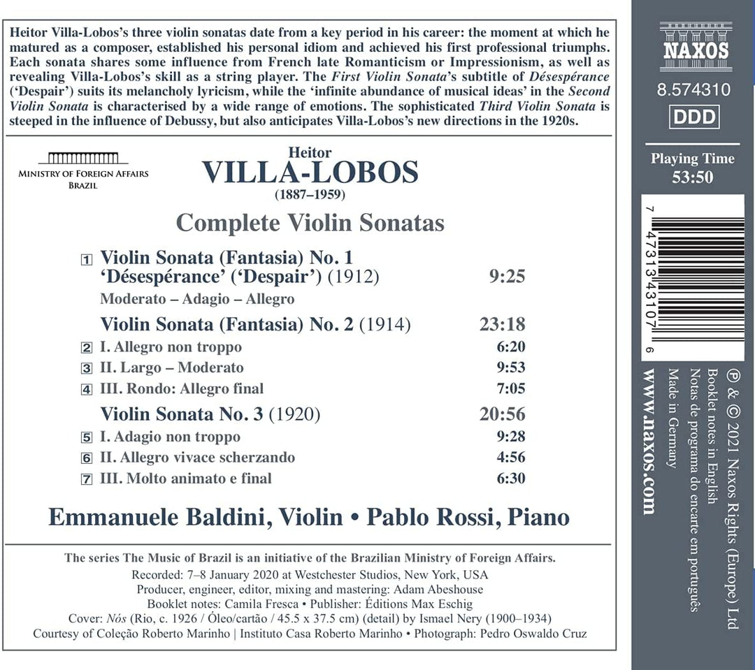 Emmanuele Baldini - Villa-Lobos: Complete Violin Sonatas [Emmanuele Baldini; Pablo Rossi] [Naxos: 8574310] [Audio CD]