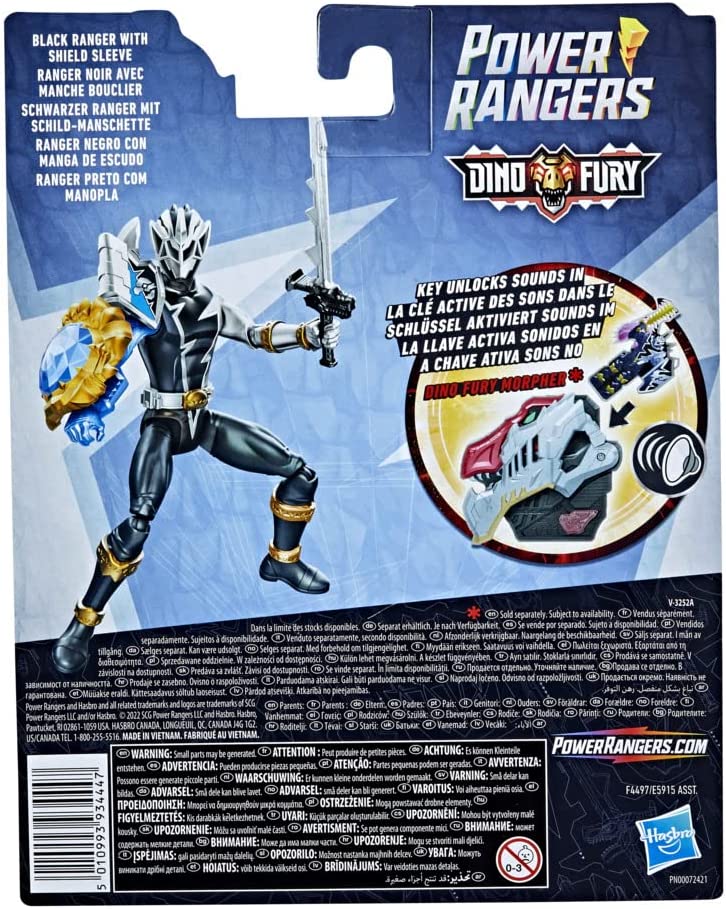 Power Rangers Dino Fury Black Ranger with Shield Sleeve 15 cm Action Figure Toy,