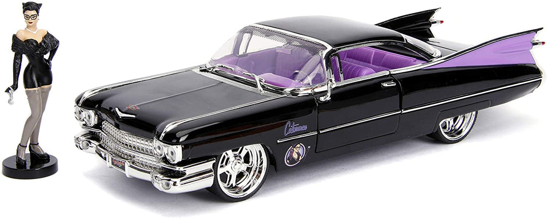 Jada Toys 253255006 Super Heroes DC Comics Bombshells 1959 Cadillac Toy Car Die-cast Doors, Boot & Bonnet Opening Catwoman Figure 1:24 Scale Black, Purple