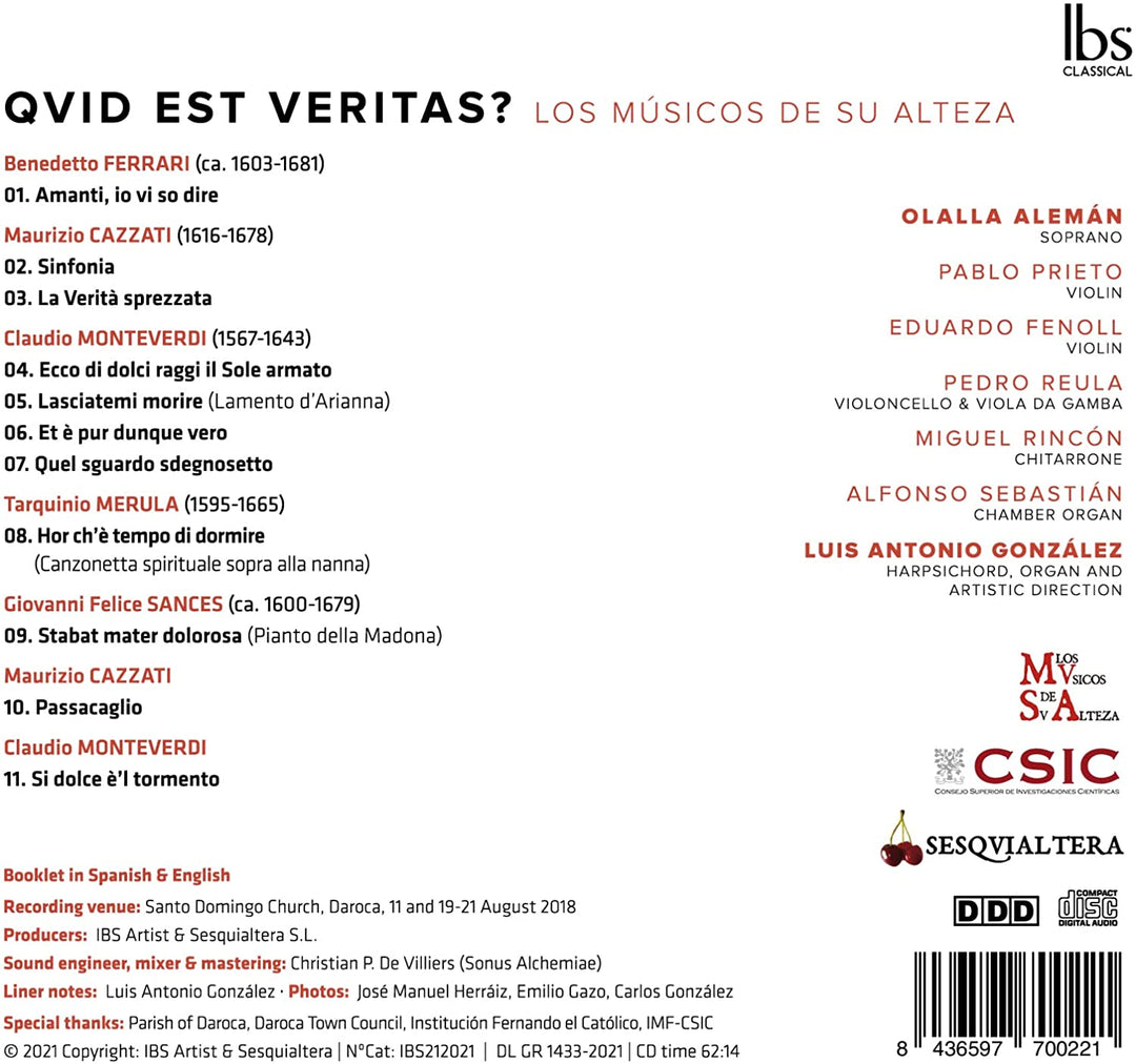 Los Musicos de su Alteza - Qvid Est Veritas [Los Musicos de su Alteza; Olalla Alemán; Luis Antonio González] [Ibs Classical: IBS212021]  [Audio CD]