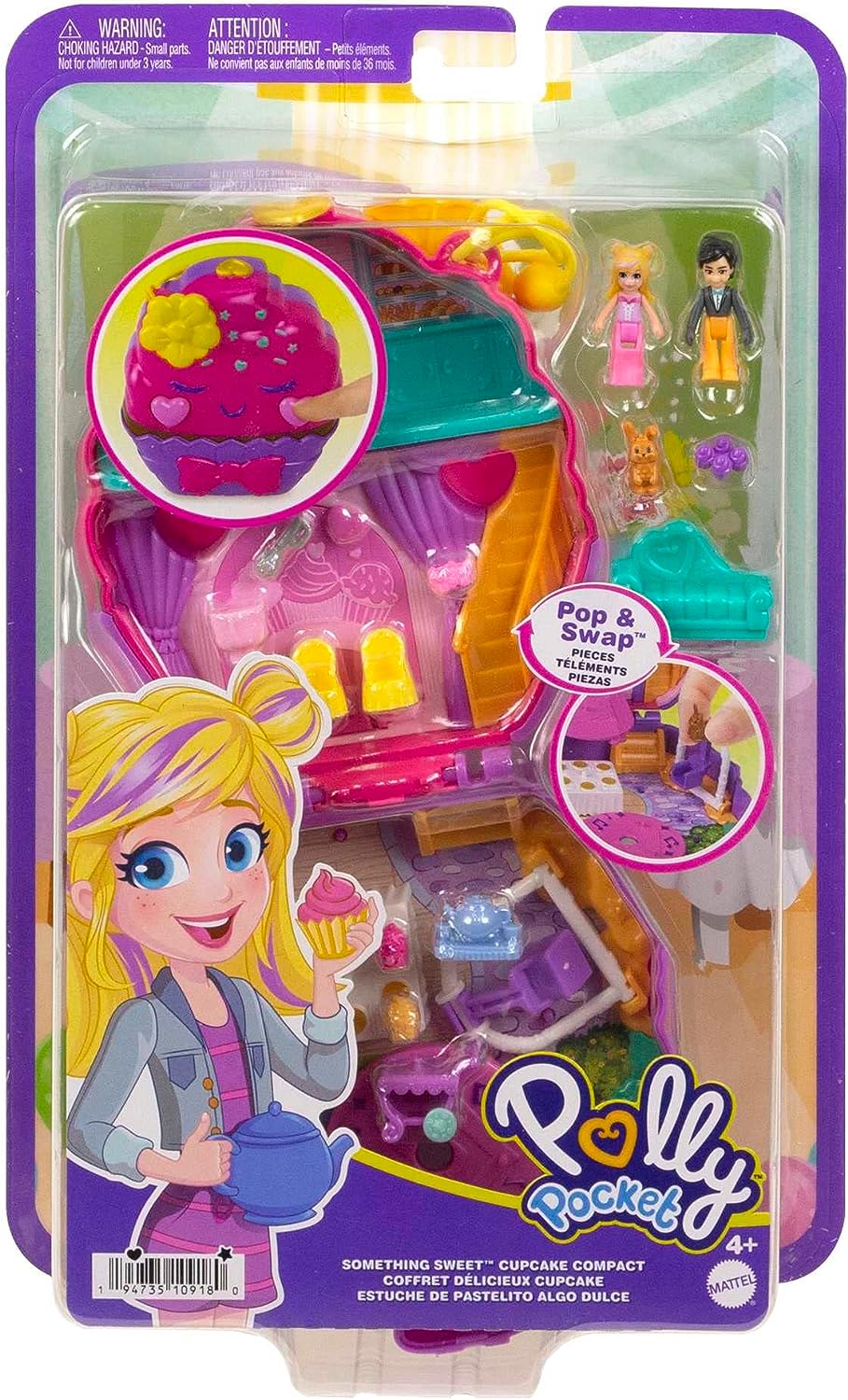 Polly Pocket Mini Toys, Something Sweet Cupcake Compact Playset with 2 Micro Dolls and 13 Accessories