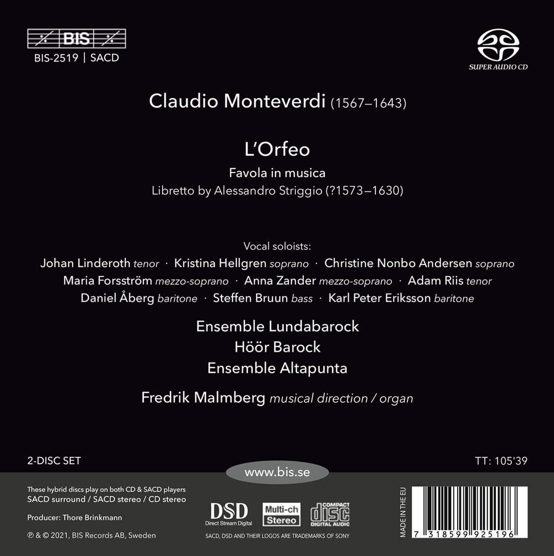 Monteverdi: Lorfeo [Ensemble Lundabarock; Höör Barock; Ensemble Altapunta; Fredrik Malmberg] [Bis: BIS2519] [Audio CD]