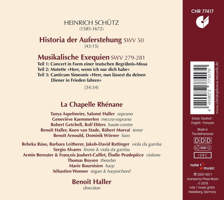 Benoit Haller - Heinrich SchUtz - Historia der Auferstehung SWV 50 & Musikalische Exequien SWV 279-281 [Audio CD]