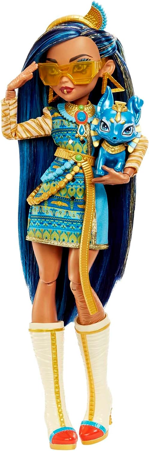 Monster High Doll, Cleo De Nile with Accessories and Pet Dog, Posable Fashion Doll with Blue Streaked Hair