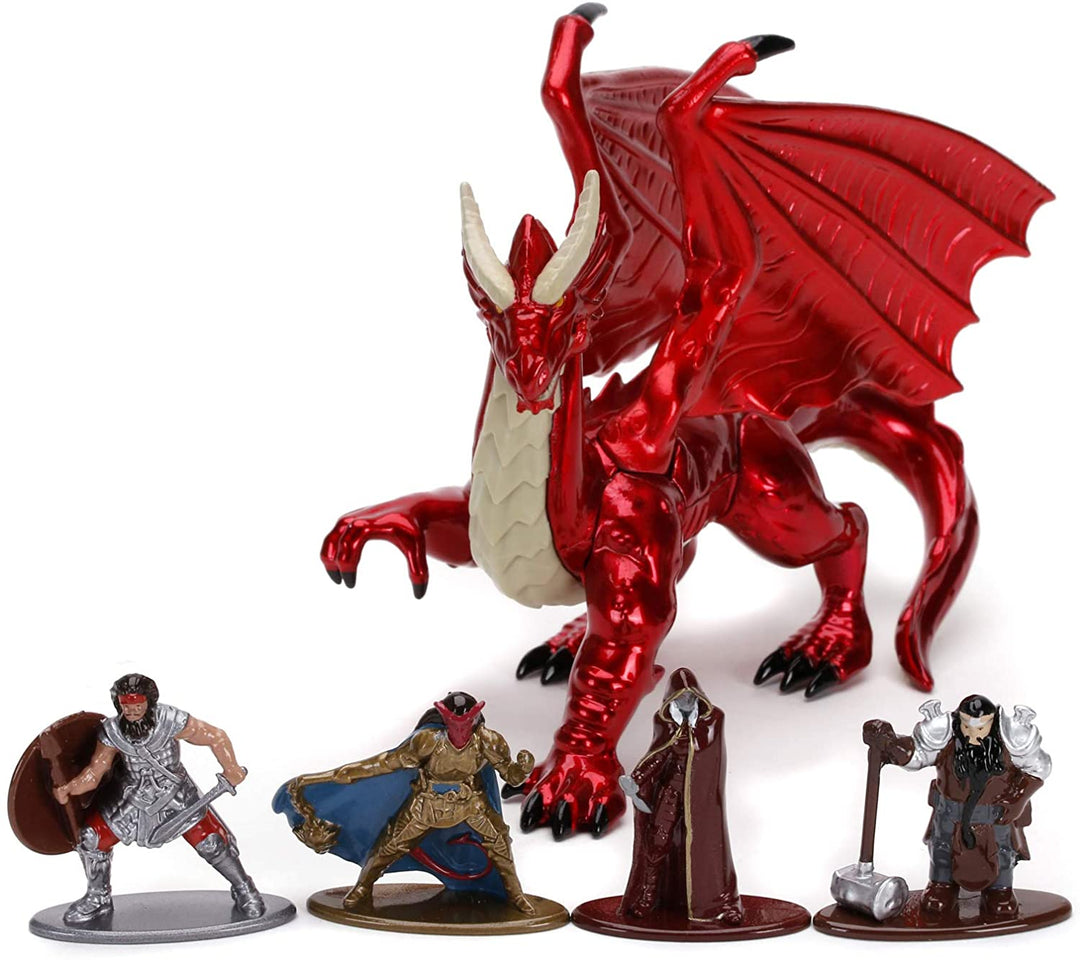 Jada Toys 253254000 Dungeons & Dragons Deluxe, Nano Collectable Figures from Die-Cast, Human Fighter, Deep Paladin, Drow Elf Rogue, Dwarf Cleric, Young Red Dragon, Toy Figures, 5 Pieces/Set, 4 cm