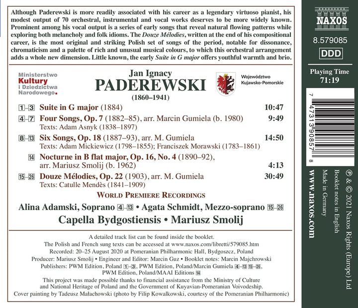 Alina Adamski - Paderewski: Songs & Melodies [Alina Adamski; Agata Schmidt; Capella Bydgostiensis; Mariusz Smolij] [Naxos: 8579085] [Audio CD]