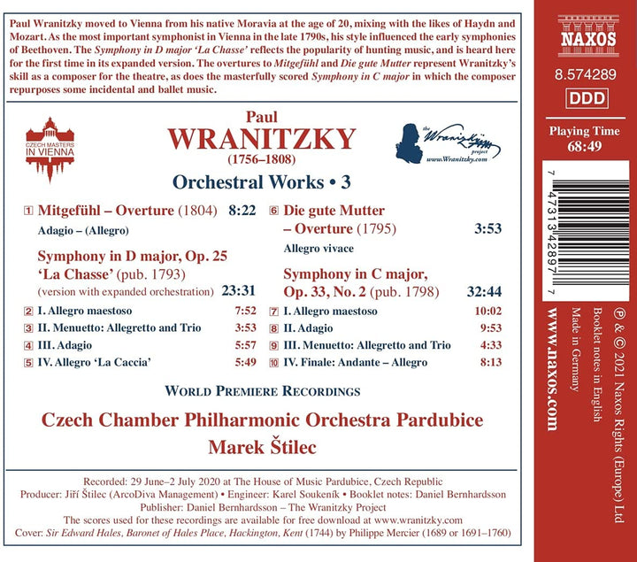 Wranitzky: Orchestral Works, Vol. 3 [Czech Chamber Philharmonic Orchestra Pardubice; Marek `tilec] [Naxos: 8574289] [Audio CD]