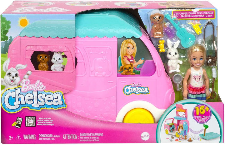 Barbie Camper, Chelsea 2-in-1 Playset with Small Doll, 2 Pets & 15 Accessories