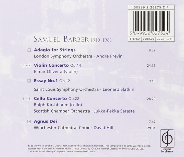 Barber: Adagio for Strings / Violin Concerto Op.14 / Essay Op.12 / Cello Concerto Op 22 / Agnus Dei [Audio CD]