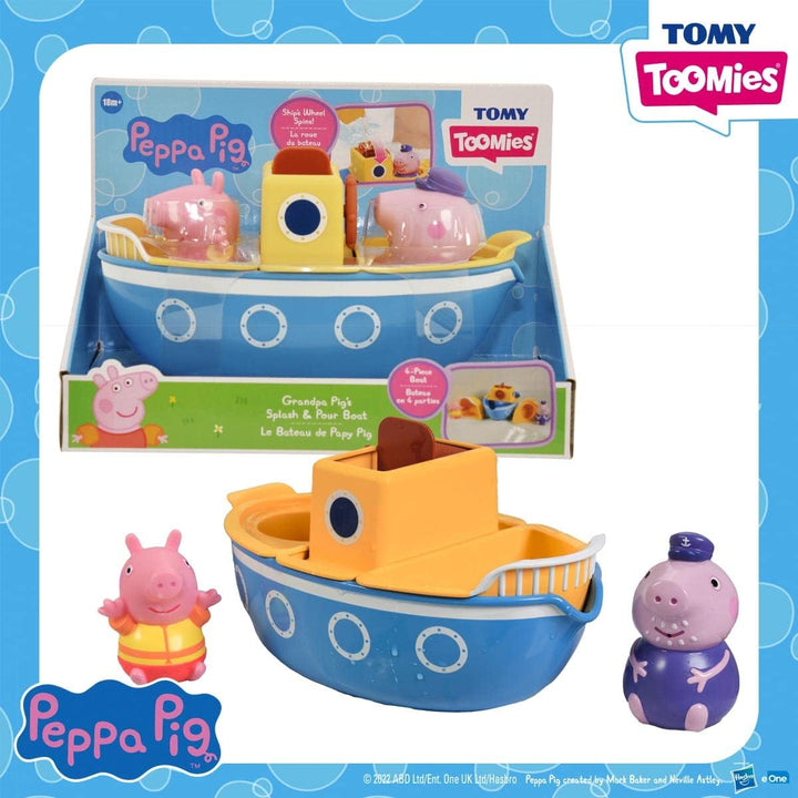 TOMY E73414 Toomies Grandpa Pig’s Splash & Pour Boat - 4 Pc Bath Time Peppa Removable Water Sprinklers