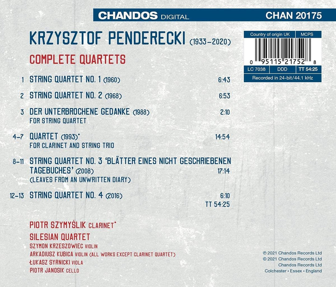 Piotr Szymyślik - Penderecki: Complete Quartets [Piotr Szymy?lik; Silesian Quartet] [Chandos Records: CHAN 20175] [Audio CD]