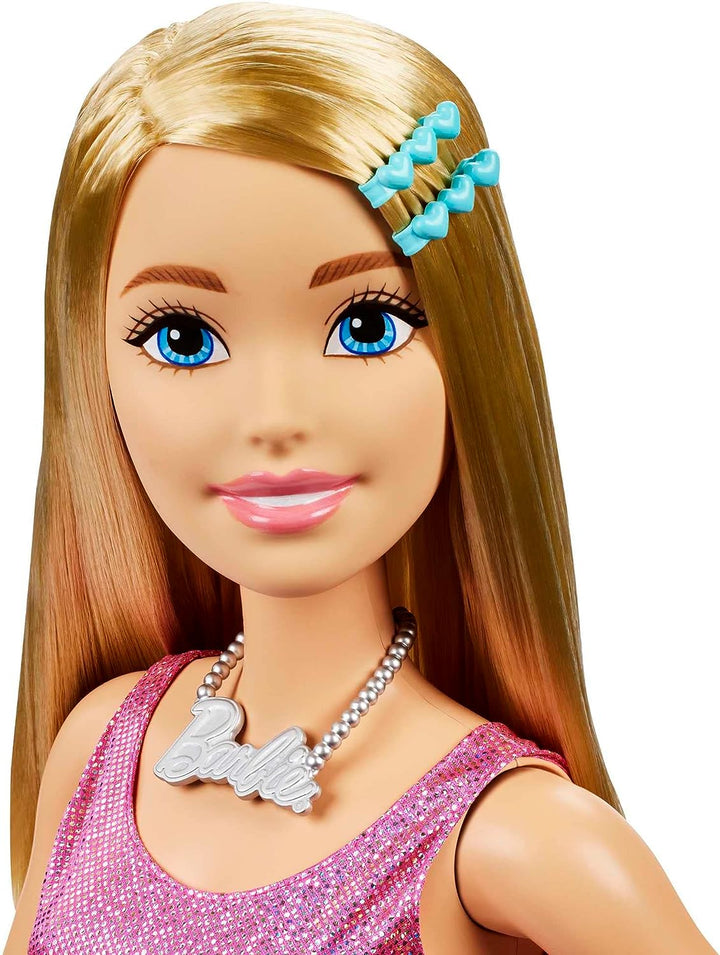 Barbie Große Barbie-Puppe mit blonden Haaren, 28 Zoll groß, schimmerndes rosa Kleid mit