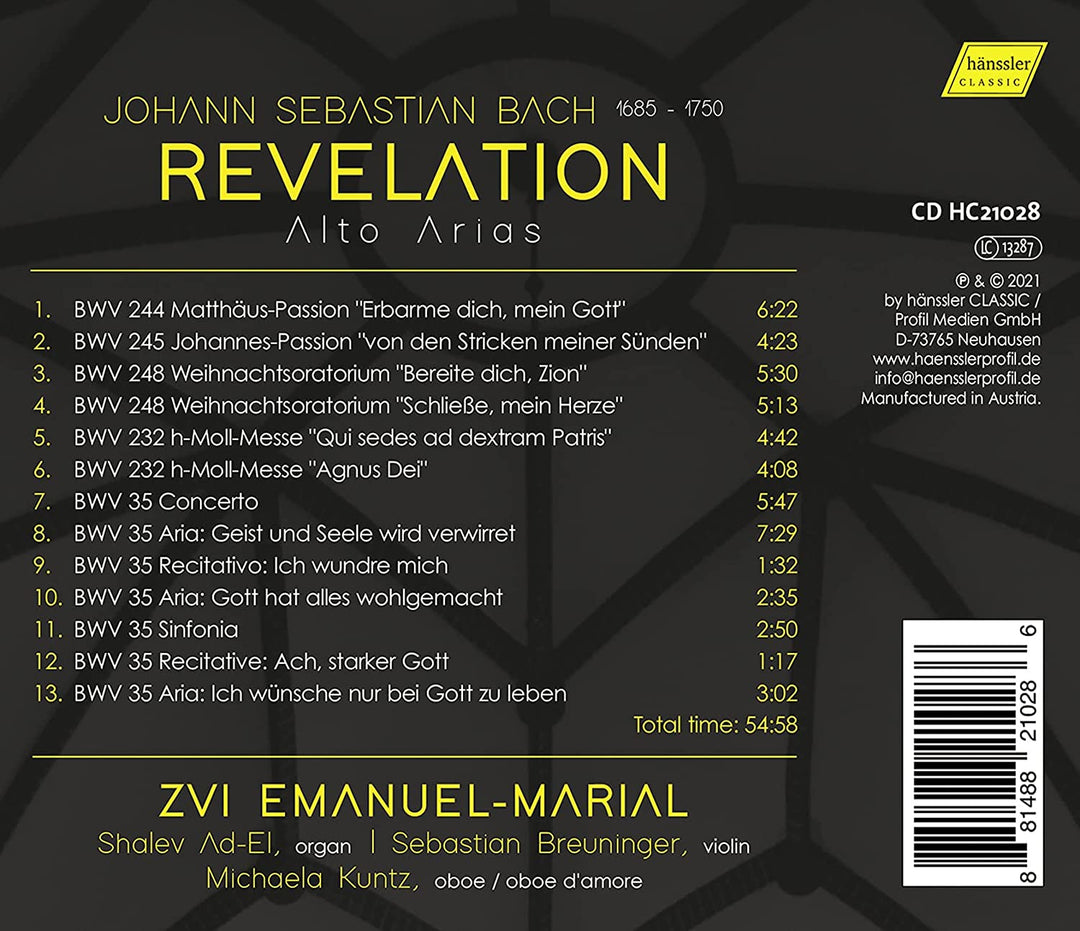 J.S. Bach: Revelation [Zvi Emanuel-Marial; Shalev Ad-El; Sebastian Breuninger; Michaela Kuntz] [Hanssler Classics: HC21028] [Audio CD]