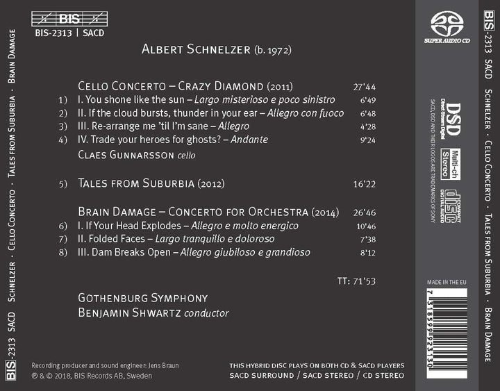 Schnelzer: Tales from Suburbia; Crazy Diamond; Brain Damage [Claes Gunnarsson; Gothenburg Symphony; Benjamin Schwartz] [Bis: BIS2313] [ Audio CD]