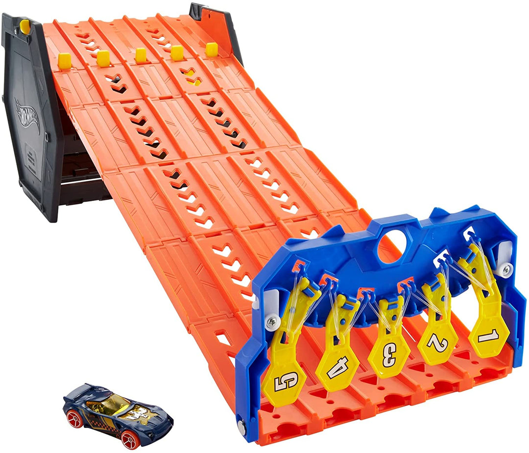 Hot Wheels Roll Out Raceway Track Set with Storage Bucket and 5-Lane Racetrack (GYX11)