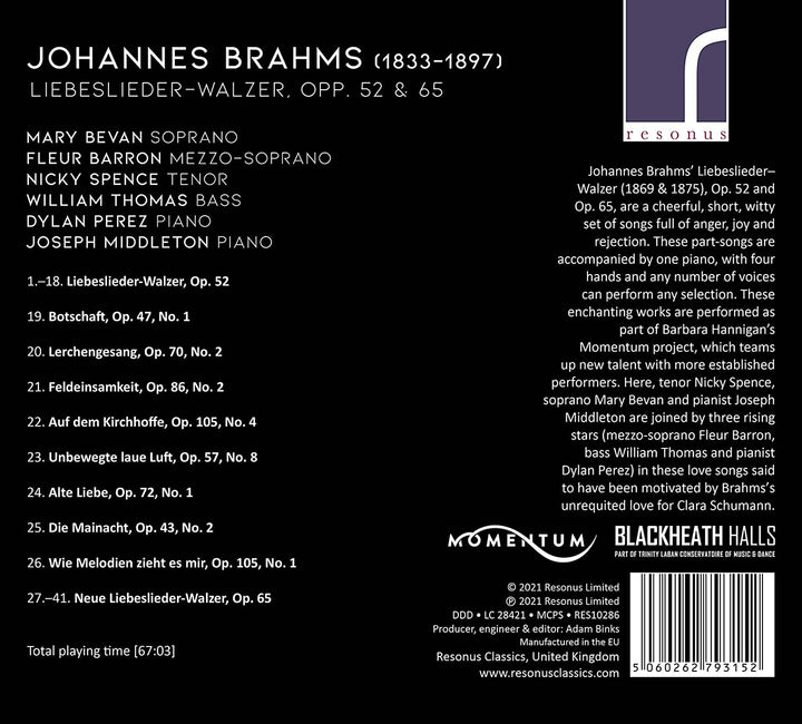 Brahms: Liebeslieder [Mary Bevan; Fleur Barron; Nicky Spence; William Thomas; Dylan Perez; Joseph Middleton] [Resonus Classics: RES10286] [Audio CD]