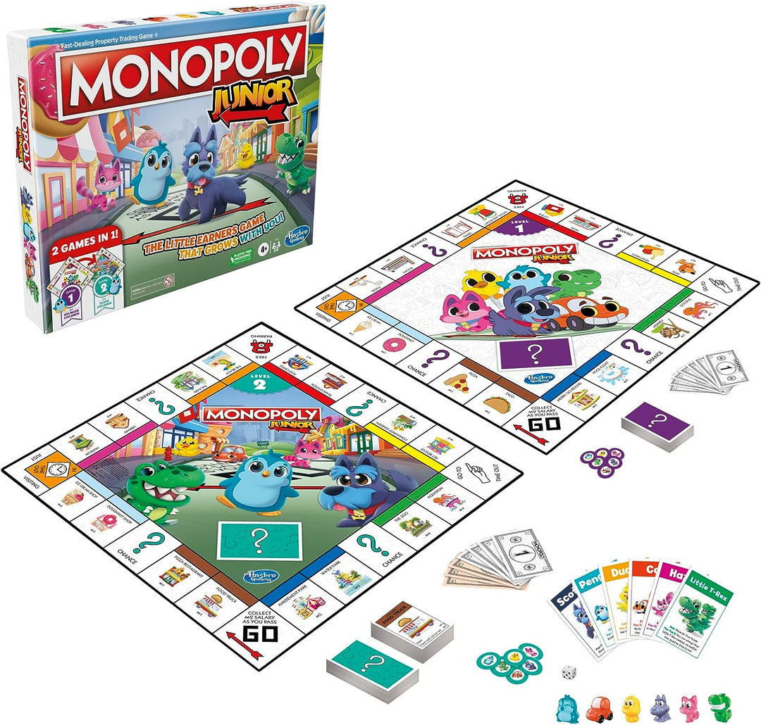 Monopoly Junior Brettspiel, 2-seitiges Spielbrett, 2 Spiele in 1, Monopoly-Spiel für J