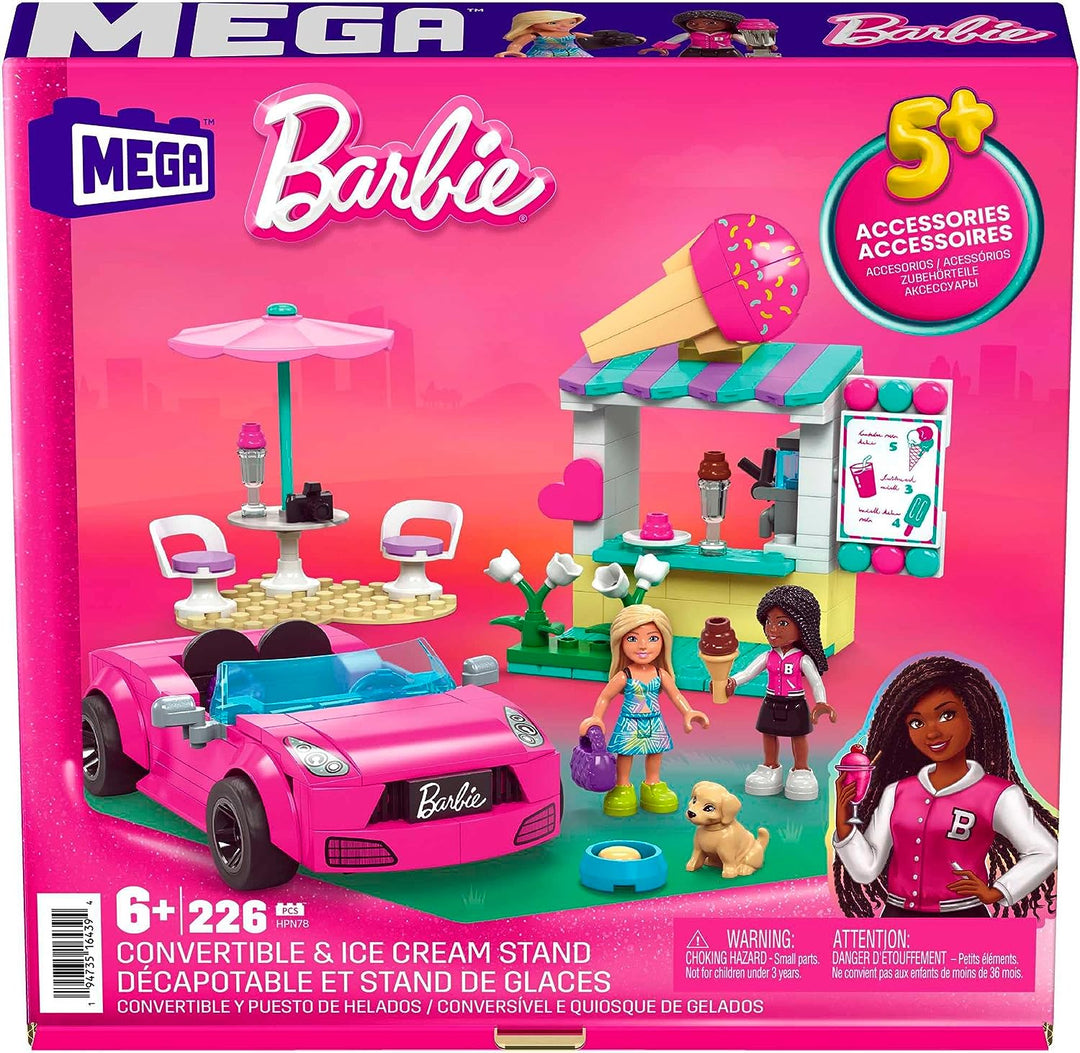 MEGA Barbie Car Building Toys Playset, Convertible & Ice Cream Stand with 225 Pieces