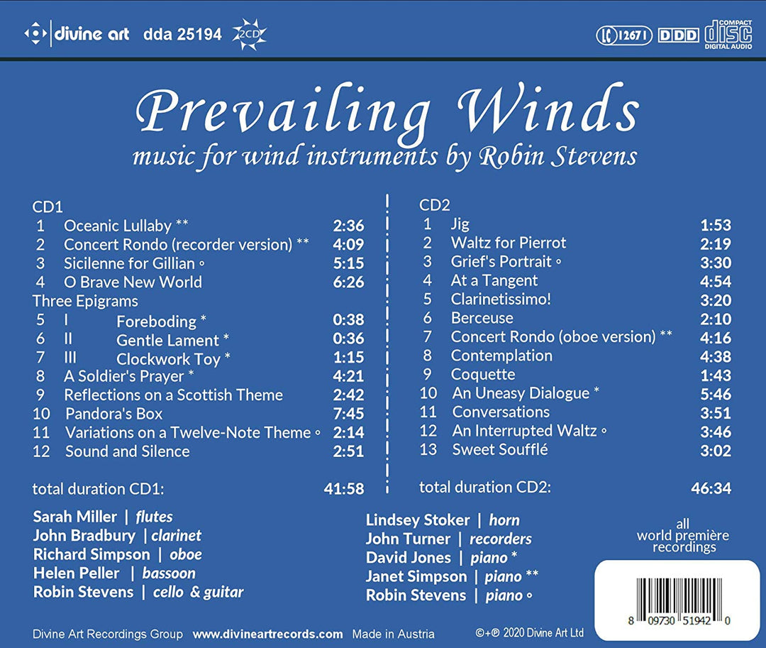 Stevens: Prevailing Winds [Richard Simpson; Helen Peller; Sarah Miller; John Turner; John Bradbury; David Jones; Janet Simpson; Robin Stevens] [Divine Art: DDA25194] [Audio CD]