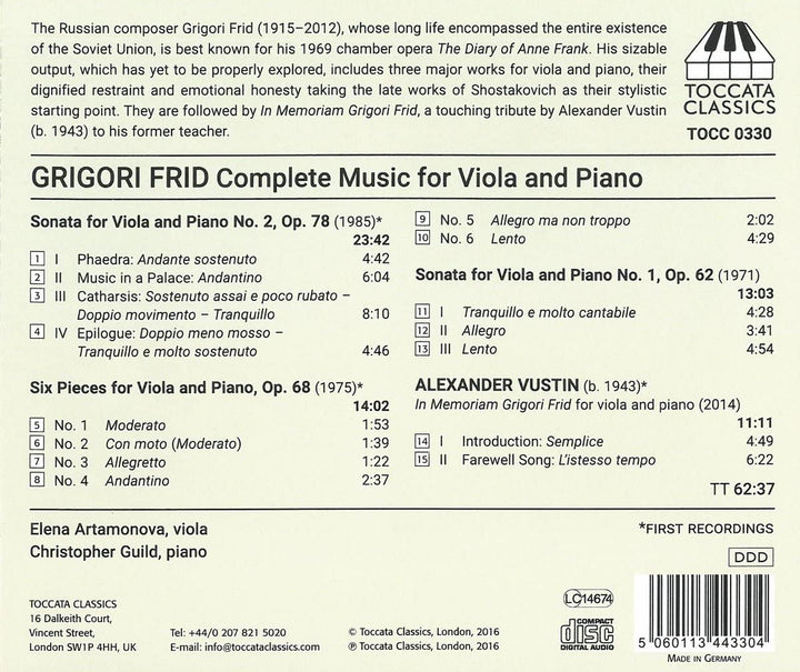 Complete Music For Viola & Piano [Elena Artamonova; Christopher Guild] [TOCCATA CLASSICS: TOCC0330] [Audio CD]