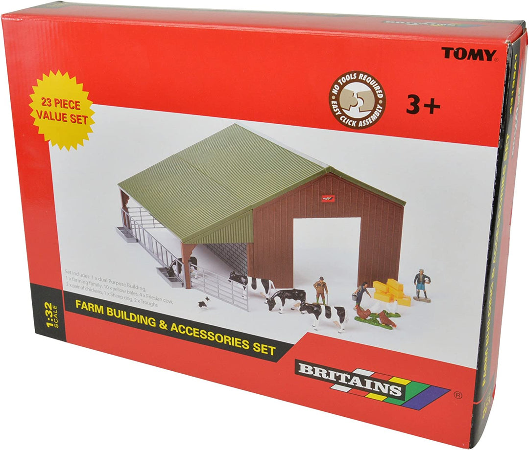 Britains 1:32 Animal Farm Building Playset Collectable Farm Animals for Toddlers | Farm Set with Animal Toys Including Giant Barn, Cows, Chickens, Farming Family & Sheepdog | Children from 3 Years Old, Multicoloured, 43139