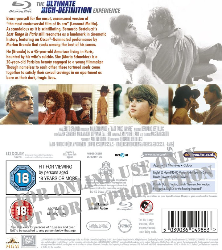 Last Tango in Paris [1973] [Region Free] - Romance/Drama [Blu-ray]