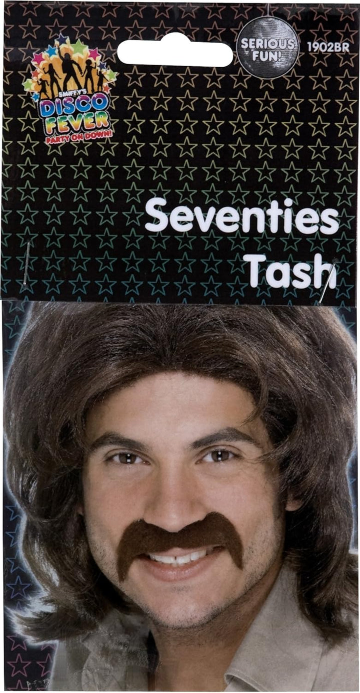 Smiffys Seventies Tash, Brown Self-Adhesive, 1970's Disco Fancy Dress, Facial Hair Dress Up Cosmetics & Disguises