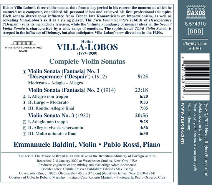 Emmanuele Baldini - Villa-Lobos: Complete Violin Sonatas [Emmanuele Baldini; Pablo Rossi] [Naxos: 8574310] [Audio CD]