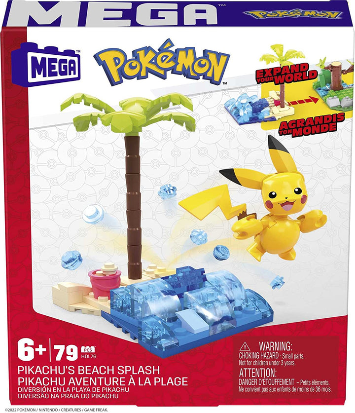 MEGA Pokémon Pikachu’s Beach Splash building set with 79 compatible bricks and pieces connect with other worlds,