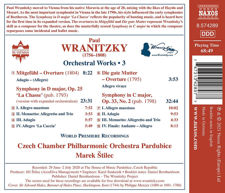 Wranitzky: Orchestral Works, Vol. 3 [Czech Chamber Philharmonic Orchestra Pardubice; Marek `tilec] [Naxos: 8574289] [Audio CD]