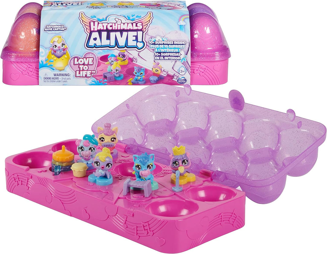 HATCHIMALS Alive, Egg Carton Toy with 5 Mini Figures in Self-Hatching Eggs, 11 Accessories