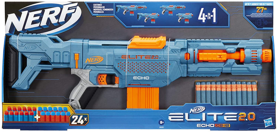 Nerf Elite 2.0 Echo CS-10 Blaster 24 freccette ufficiali Nerf, clip da 10 freccette, prolunga per canna e calcio rimovibili, 4 guide tattiche