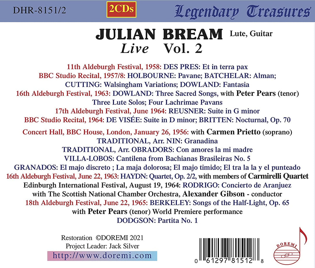 Julian Bream - Julian Bream Live Vol. 2 [Julian Bream; Peter Pears; Carmen Prietto; Carmirelli Quartet; The Scottish National Orchestra; Andrew Gibson] [Doremi: DHR-8151/2] [Audio CD]