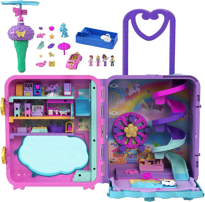 Polly Pocket Dolls, Playset and Travel Toys, 4 Dolls, 1 Vehicle, 25+ Accessories