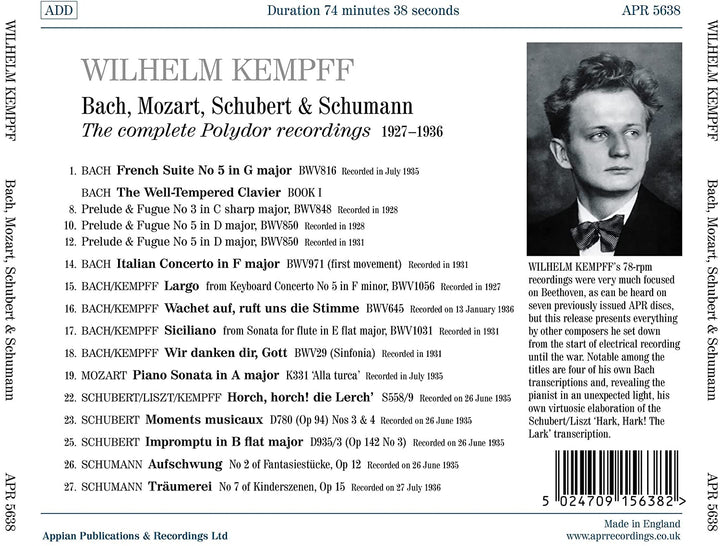 Kempff Polydor Recordings [Wilhelm Kempff] [Apr Recordings: APR_5638] [Audio CD]