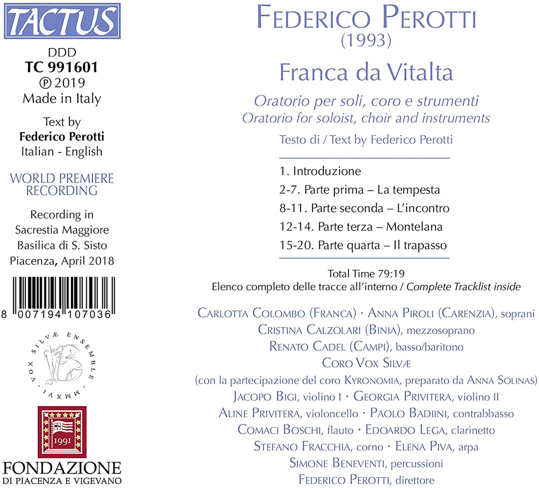 Perotti: Franca Do Vitalta [Carlotta Colombo; Anna Piroli; Cristina Calzolari; Renato Cadel; Vox Silvæ Ensemble; Federico Perotti] [Tactus: TC 991601] [Audio CD]