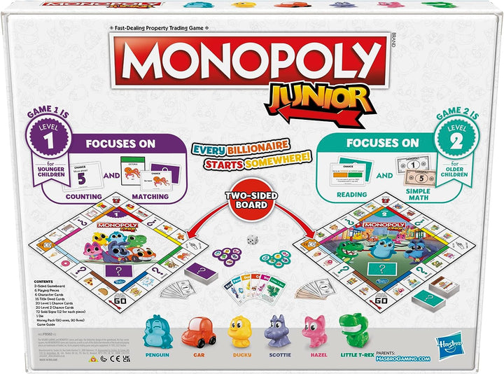 Monopoly Junior Brettspiel, 2-seitiges Spielbrett, 2 Spiele in 1, Monopoly-Spiel für J