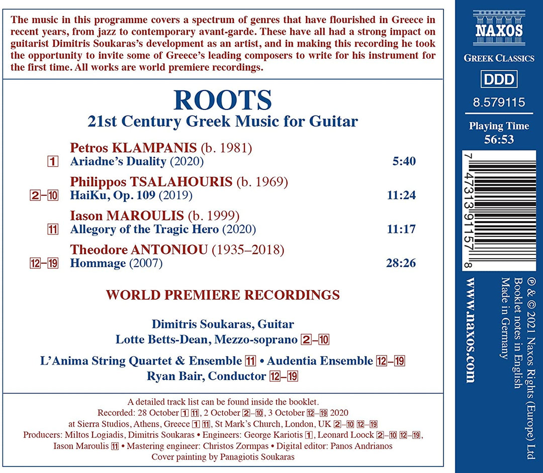 Klampanis: Roots [Dimitris Soukaras; Lotte Betts-Dean; L'Anima String Quartet & Ensemble; Audentia Ensemble; Ryan Bair] [Naxos: 8579115] [Audio CD]