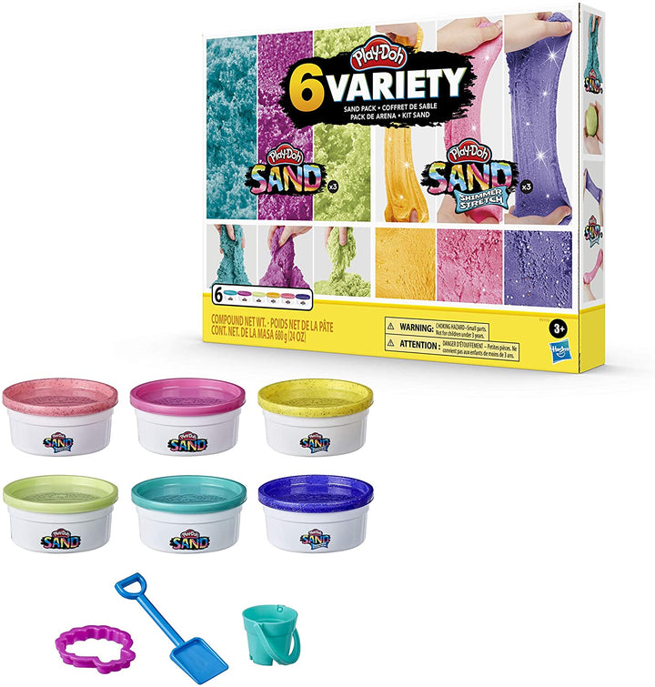 Play-Doh Sand Variety Confezione da 6 composti elastici Play-Doh Sand e Shimmer, vasi da 112 g, non tossici