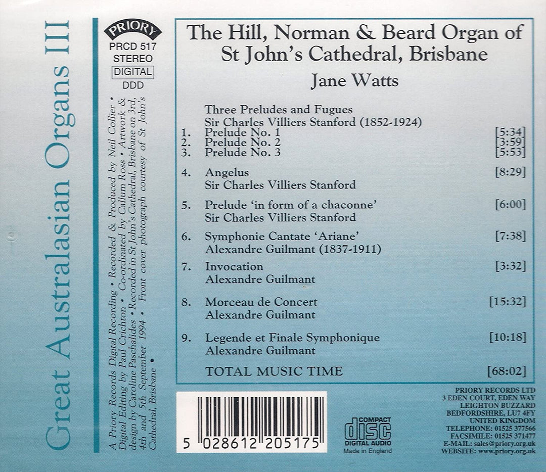 Jane Watts - Great Australasian Organs III - Jane Watts plays the Hill, Norman & Beard Organ of St. John's Cathedral, Brisbane [Audio CD]